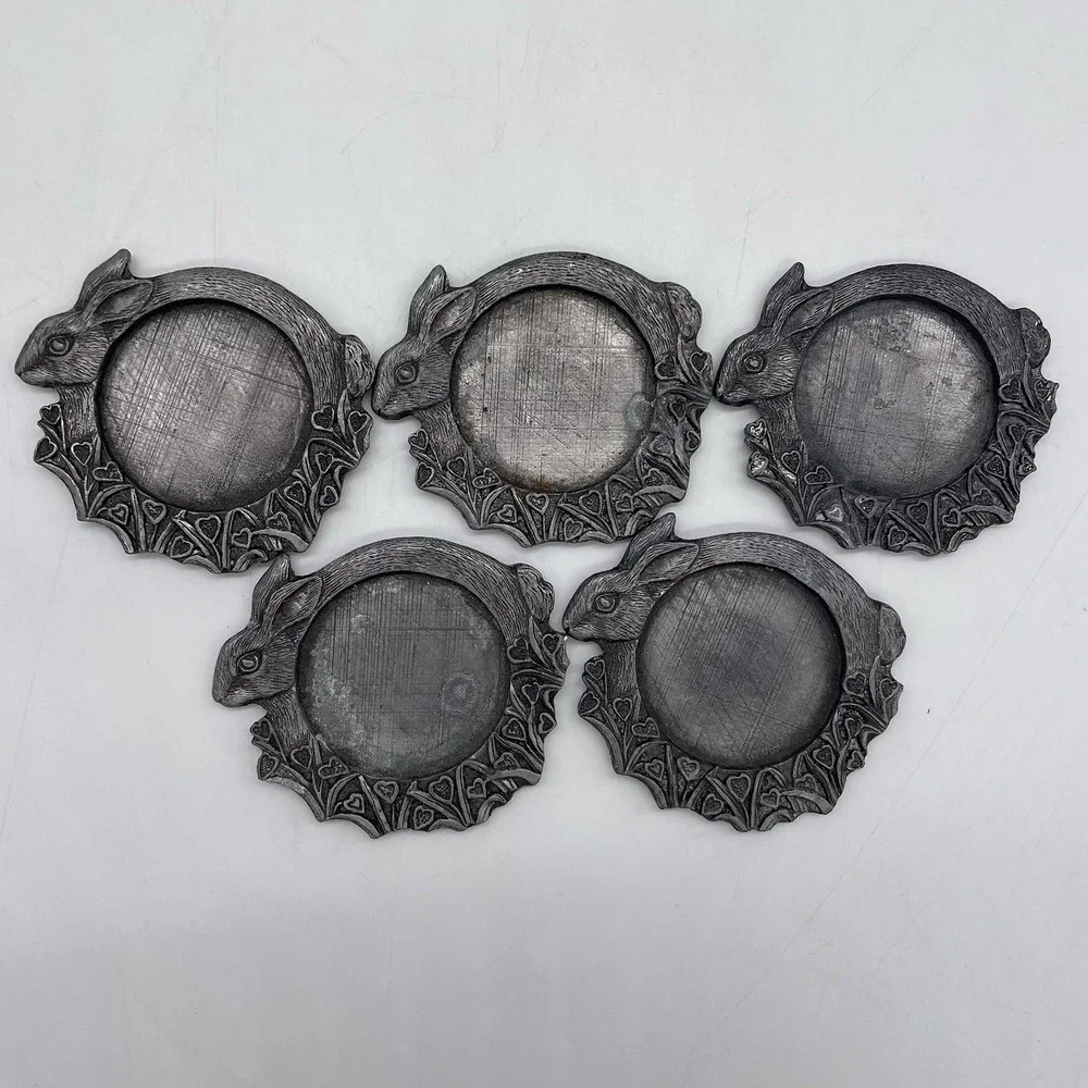 Set of‎ 5 Pewter Bunny Rabbit Flat Metal Votive Candle Holder Cottagecore USA